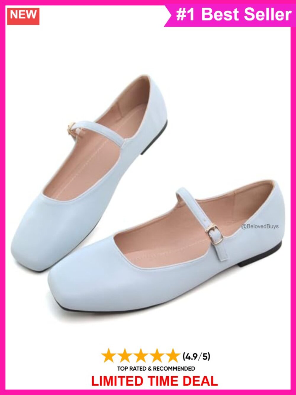Women's Square Toe Mary Jane Flats with Buckle Strap Soft PU Leather